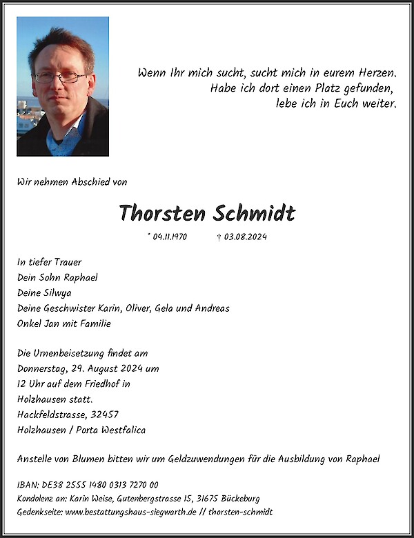 Traueranzeige von Thorsten Schmidt, Riegel am Kaiserstuhl