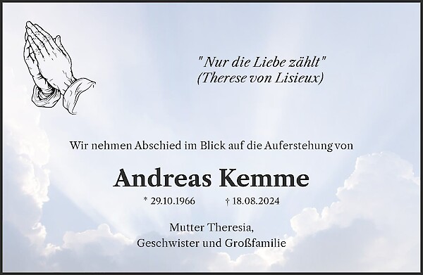 Traueranzeige von Andreas Kemme, Dümmer