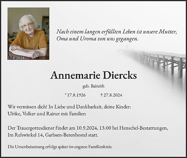 Traueranzeige von Annemarie Diercks