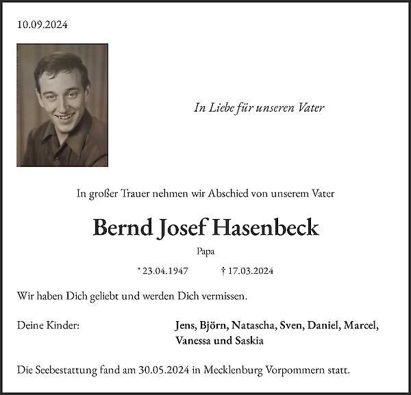 Obituary Bernd Josef Hasenbeck, Zielitz