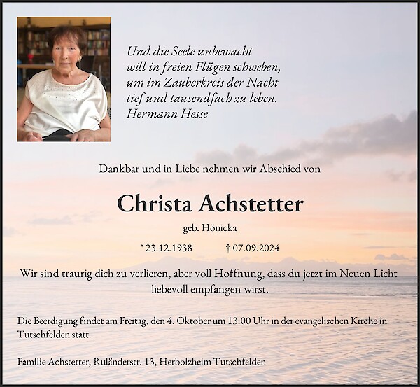 Traueranzeige von Christa Achstetter