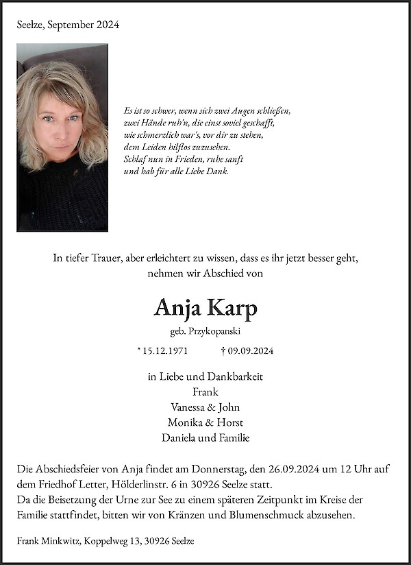 Traueranzeige von Anja Karp, Seelze