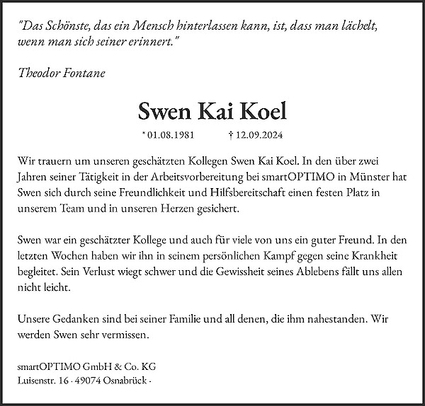 Traueranzeige von Swen Kai Koel