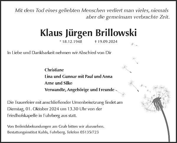 Obituary Klaus Jürgen Brillowski