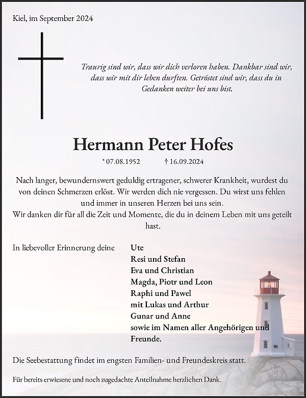 Traueranzeige von Hermann Peter Hofes, Kiel