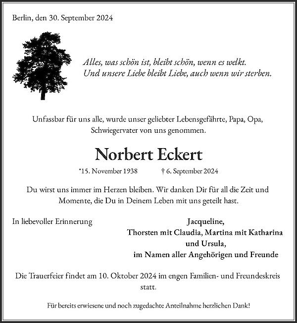 Obituary Norbert Eckert, Berlin-Zehlendorf