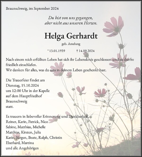 Obituary Helga Gerhardt, Braunschweig