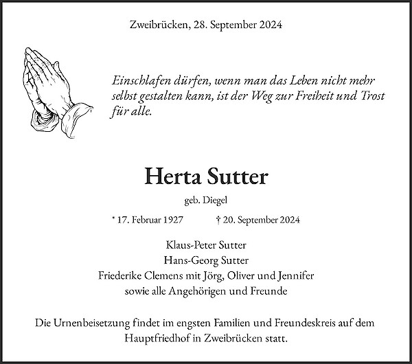 Traueranzeige von Herta Sutter