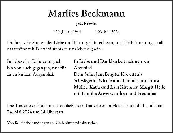 Obituary Marlies Beckmann, Warstein