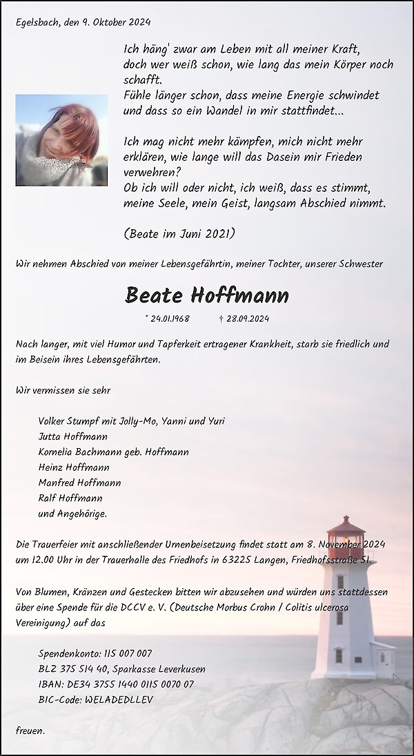 Traueranzeige von Beate Hoffmann, Egelsbach