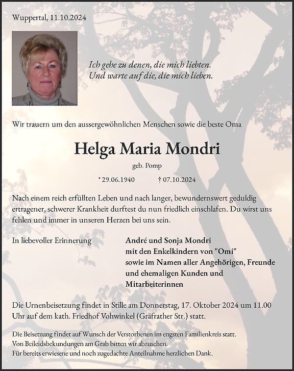 Traueranzeige von Helga Maria Mondri