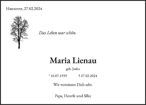 Obituary Maria Lienau, Barsinghausen