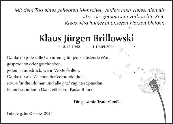 Traueranzeige von Klaus Jürgen Brillowski, Burgwedel