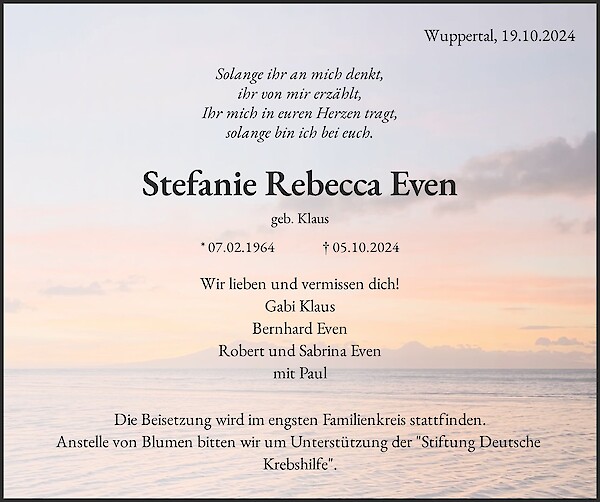 Obituary Stefanie Rebecca Even, Wuppertal