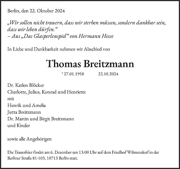 Traueranzeige von Thomas Breitzmann, Berlin