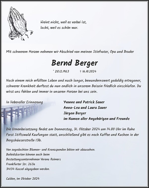 Traueranzeige von Bernd Berger, Calden