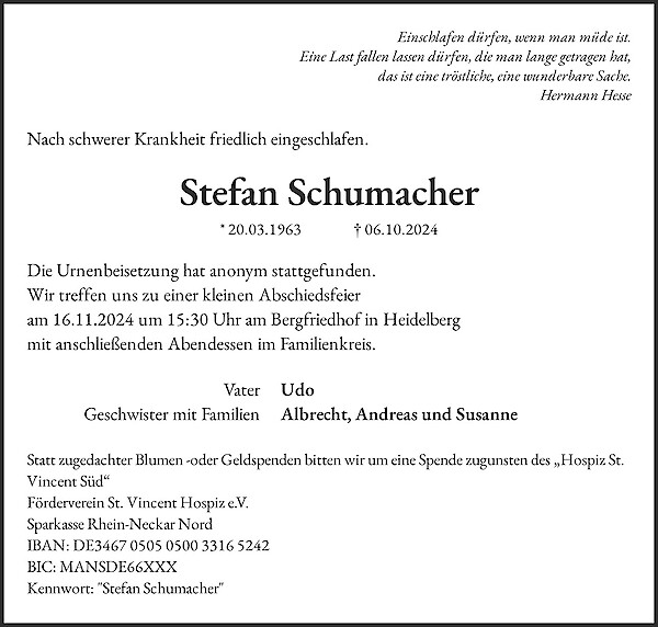 Traueranzeige von Stefan Schumacher, Heidelberg