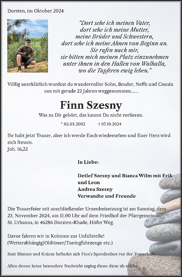 Traueranzeige von Finn Szesny, Dorsten-Rhade