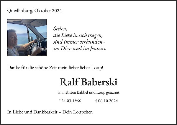 Traueranzeige von Ralf Baberski, Quedlinburg