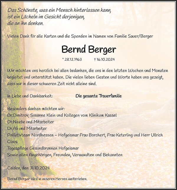 Traueranzeige von Bernd Berger, Calden