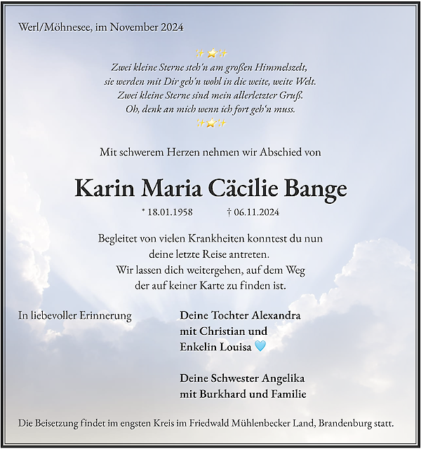 Traueranzeige von Karin Maria Cäcilie Bange