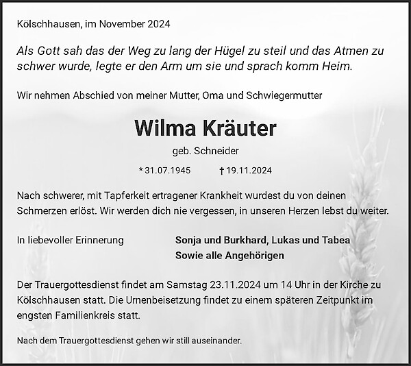 Traueranzeige von Wilma Kräuter, Ehringshausen