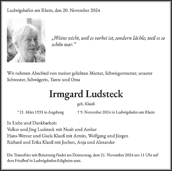 Traueranzeige von Irmgard Ludsteck, Ludwigshafen