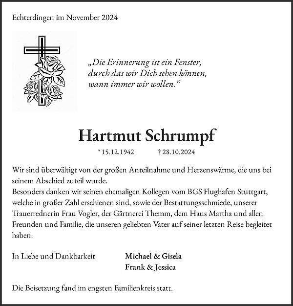 Traueranzeige von Hartmut Schrumpf, Echterdingen