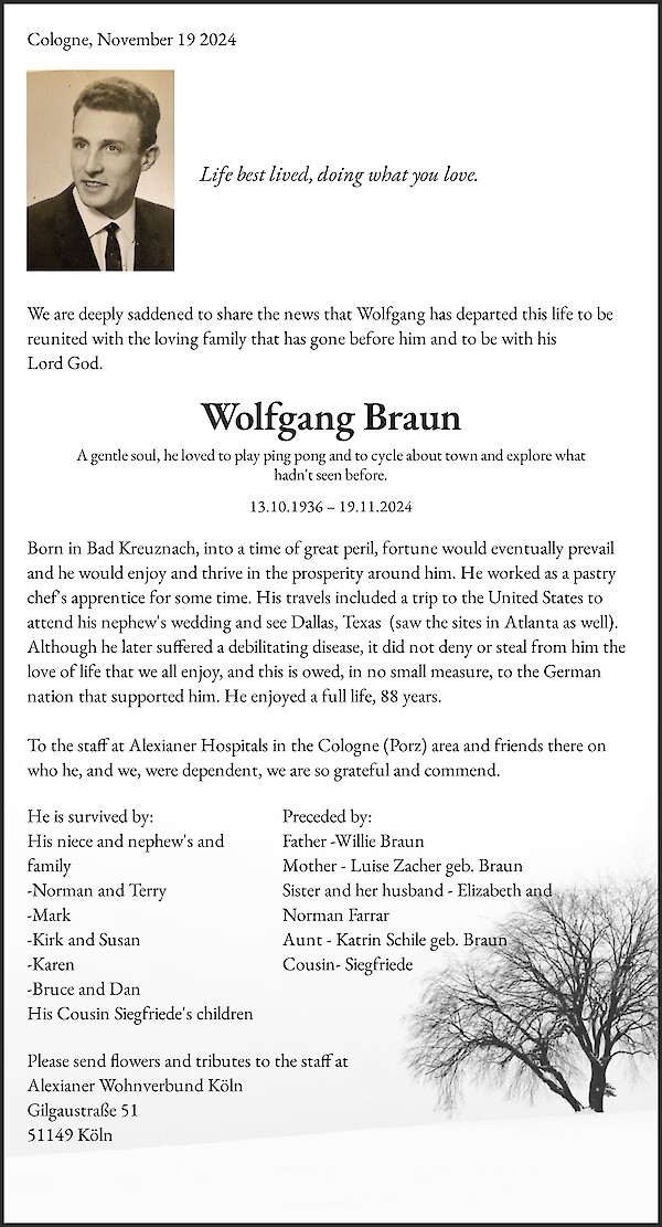 Obituary Wolfgang Braun, Köln