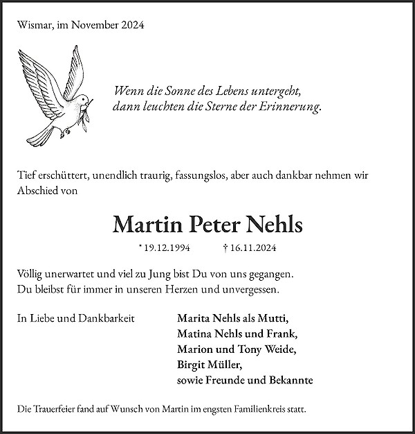 Obituary Martin Peter Nehls, Wismar