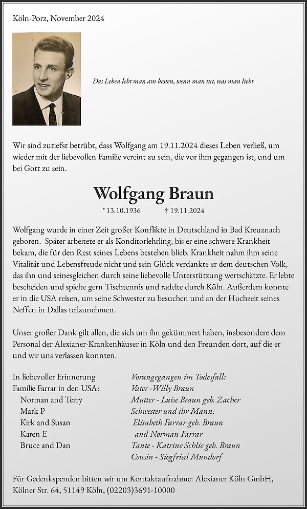 Obituary Wolfgang Braun, Köln