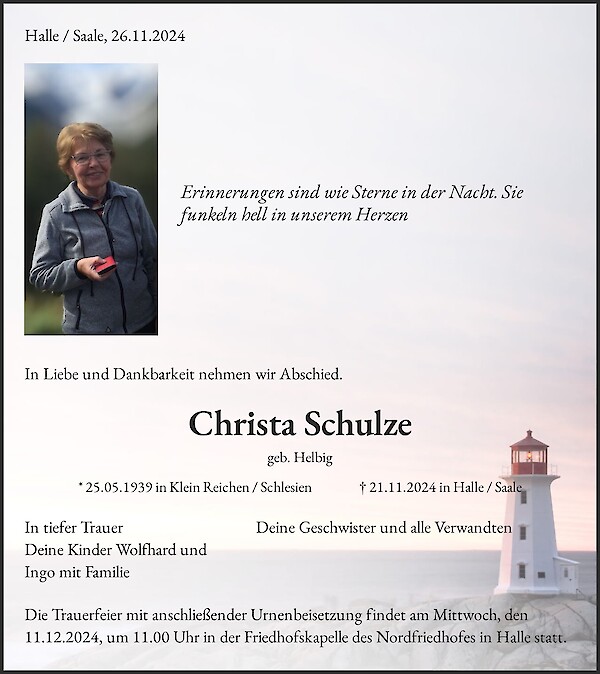 Traueranzeige von Christa Schulze