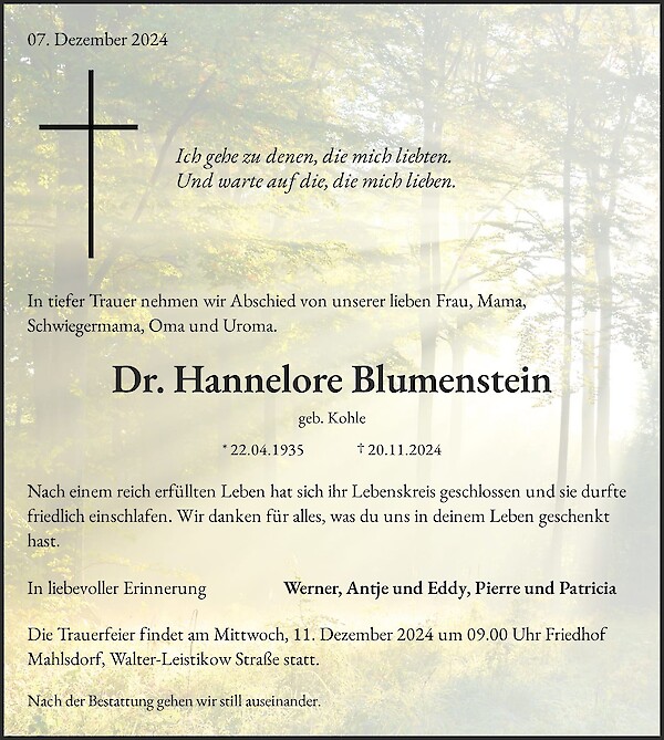 Traueranzeige von Dr. Hannelore Blumenstein, Berlin