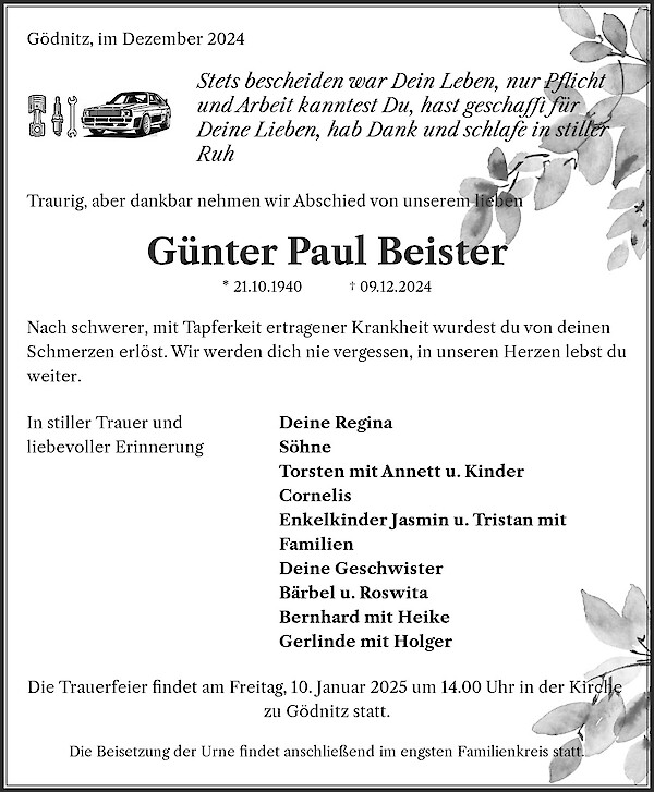 Obituary Günter Paul Beister, Gödnitz