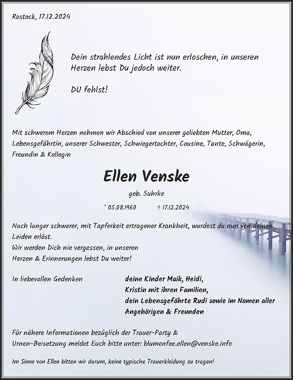 Obituary Ellen Venske, Rostock