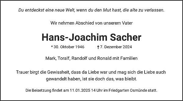 Traueranzeige von Hans-Joachim Sacher