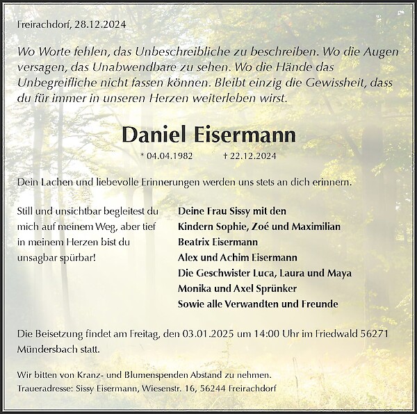 Traueranzeige von Daniel Eisermann