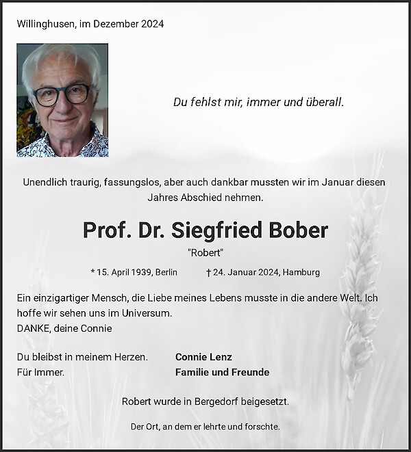 Obituary Prof. Dr. Siegfried Bober, Barsbüttel