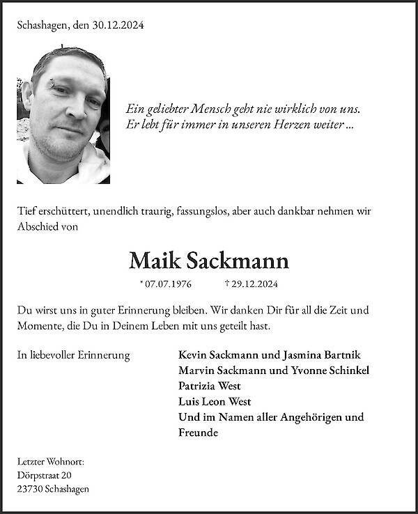 Obituary Maik Sackmann, Klein Schlamin