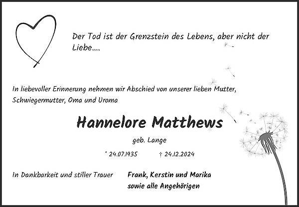 Traueranzeige von Hannelore Matthews