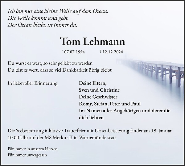 Traueranzeige von Tom Lehmann