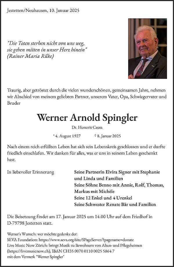 Traueranzeige von Werner Arnold Spingler