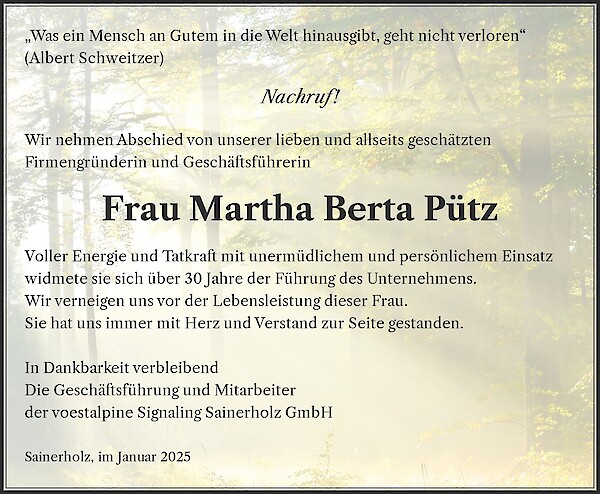 Traueranzeige von Frau Martha Berta Pütz