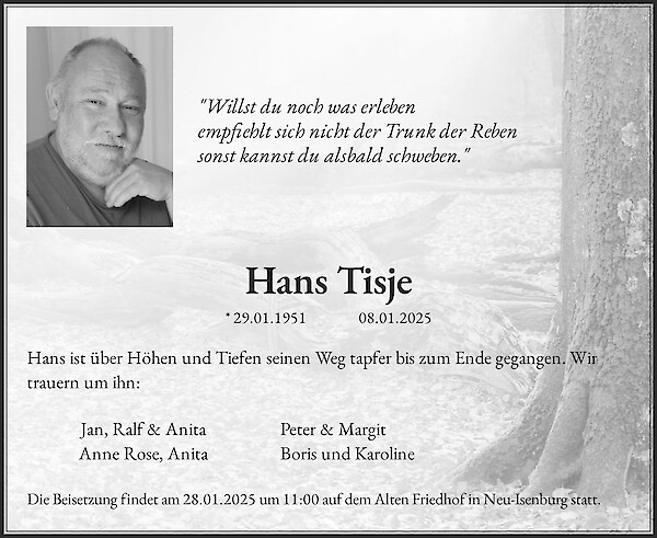 Traueranzeige von Hans Tisje, Neu-Isenburg