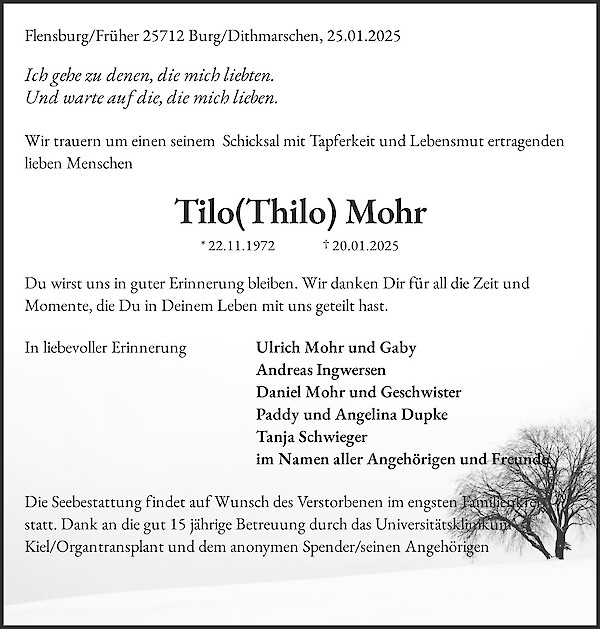 Traueranzeige von Tilo(Thilo) Mohr, Flensburg/Früher Burg/Dithmarschen