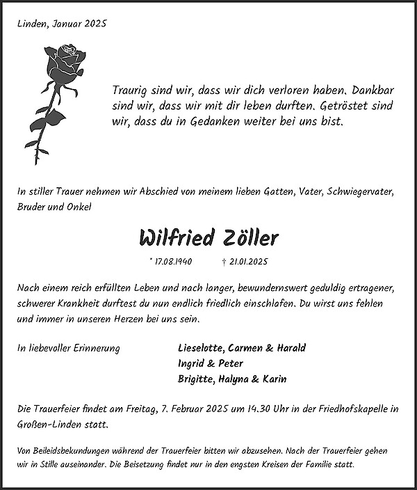 Obituary Wilfried Zöller, Linden