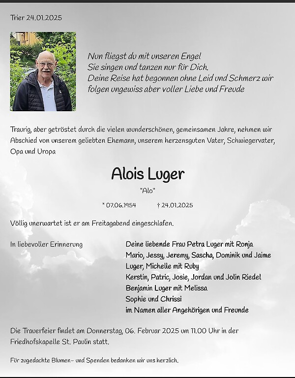 Obituary Alois Luger, Trier Am Grüneberg 4