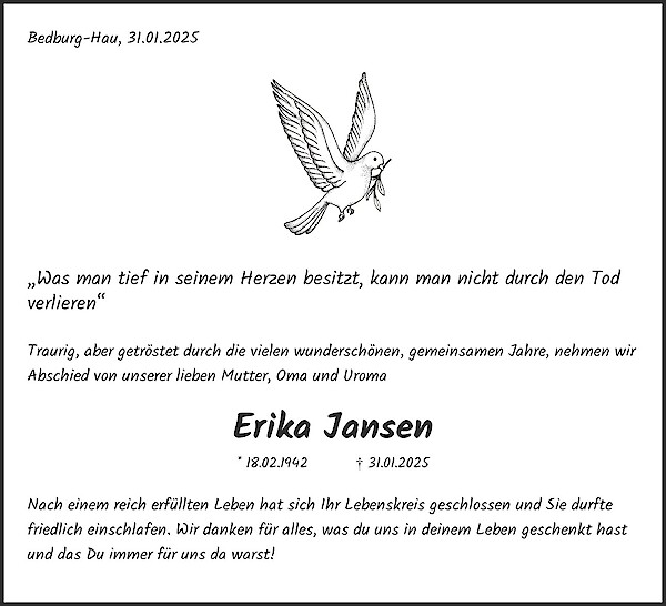 Traueranzeige von Erika Jansen, Bedburg-Hau