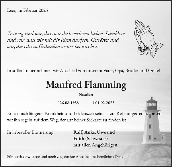 Traueranzeige von Manfred Flamming, Leer