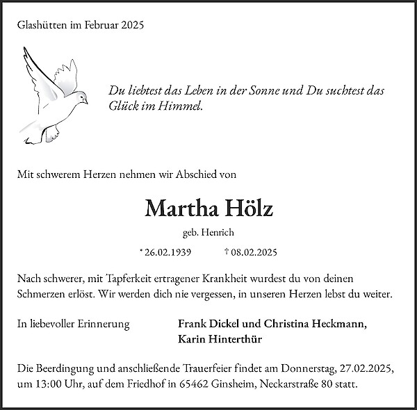 Traueranzeige von Martha Hölz